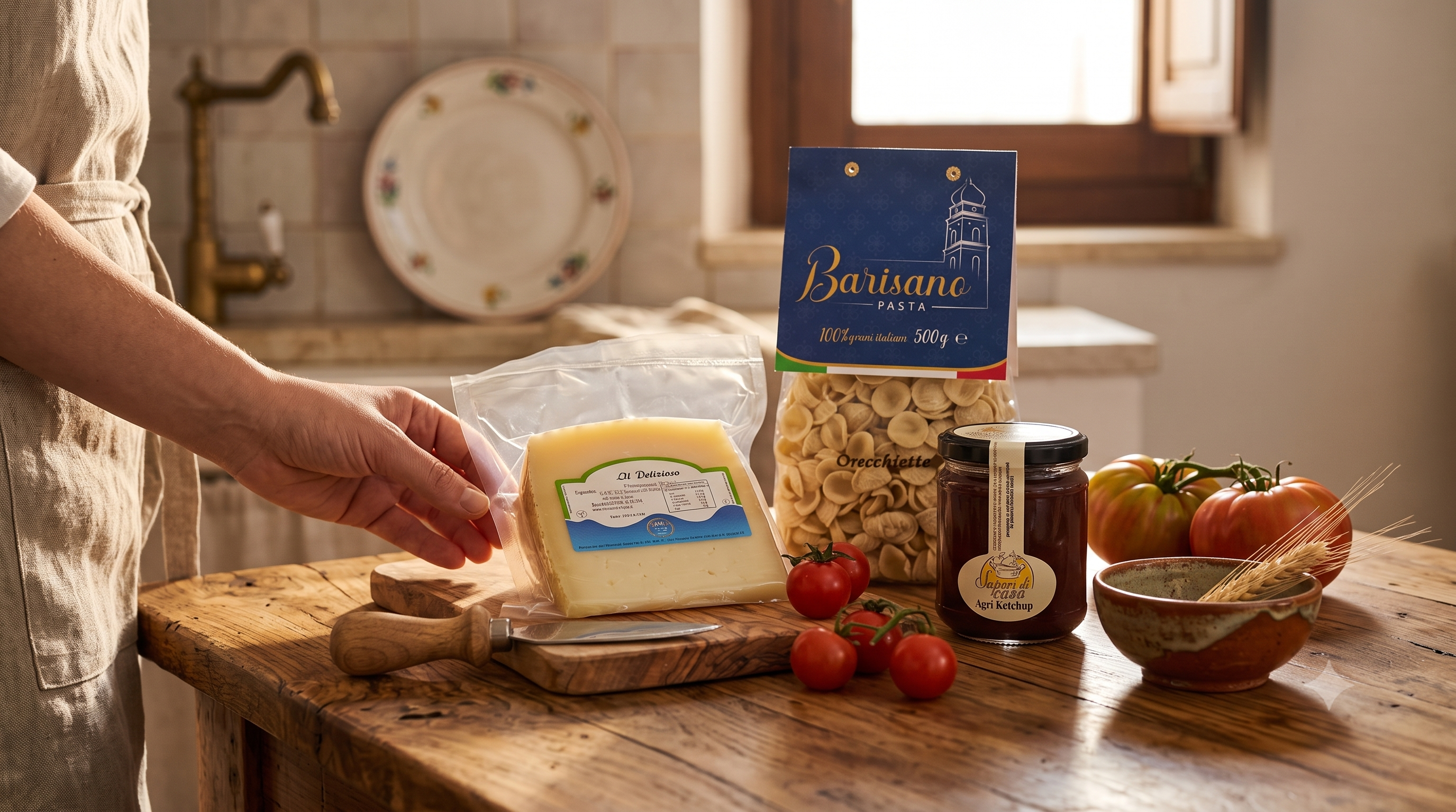 Tre prodotti artigianali italiani su una tavola in legno con una mano che legge l'etichetta alimentare per conoscere ingredienti, origine e lavorazione.