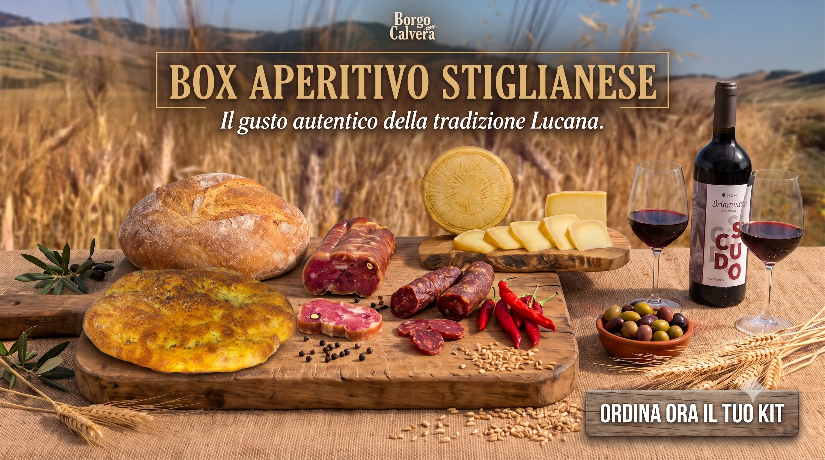 Tagliere contadino con pane a legna, salame affettato e bicchiere di vino rosso all'aperto nella campagna lucana – Borgo Calvera