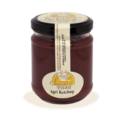 Vaso di Agri Ketchup artigianale con pomodoro pugliese, capperi e sedano dell'Azienda Agricola Sapori di Casa, selezione Borgo Calvera.