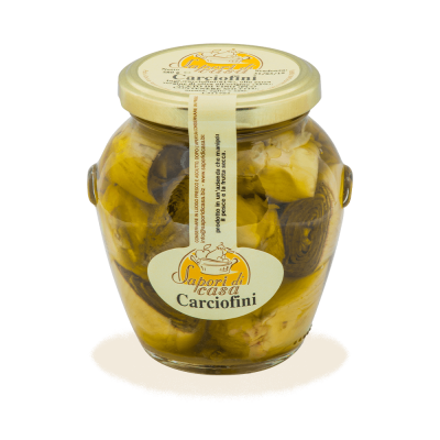 Vaso di Carciofini interi sott'olio in Olio Extravergine d'Oliva dell'Azienda Agricola Sapori di Casa in Puglia, selezione Borgo Calvera.