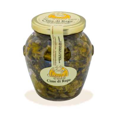 Vaso di Cime di Rapa pugliesi sott'olio in Olio Extravergine d'Oliva dell'Azienda Agricola Sapori di Casa, selezione Borgo Calvera.