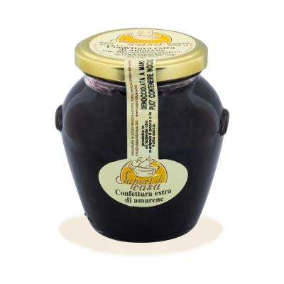 Vasetto di Confettura Extra di Amarene denocciolate a mano dell'Azienda Agricola Sapori di Casa (Puglia), selezione Borgo Calvera.