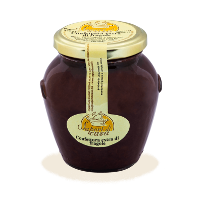 Vaso di Confettura Extra di Fragole di campagna artigianale pugliese a filiera corta dell'Azienda Agricola Sapori di Casa, selezione Borgo Calvera.