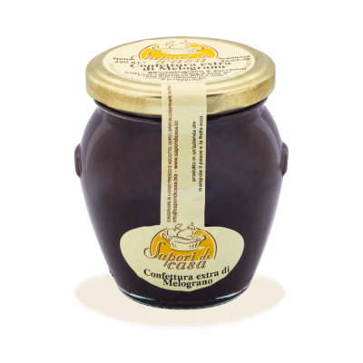 Vaso di Confettura Extra di Melograno artigianale pugliese a filiera corta dell'Azienda Agricola Sapori di Casa, selezione Borgo Calvera.
