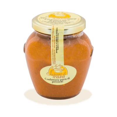 Vaso di Confettura Extra di Percochi artigianale pugliese a filiera corta dell'Azienda Agricola Sapori di Casa, selezione Borgo Calvera.