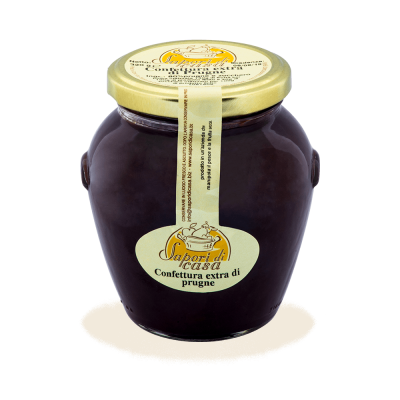 Vaso di Confettura Extra di Prugne artigianale pugliese a filiera corta dell'Azienda Agricola Sapori di Casa, selezione Borgo Calvera.