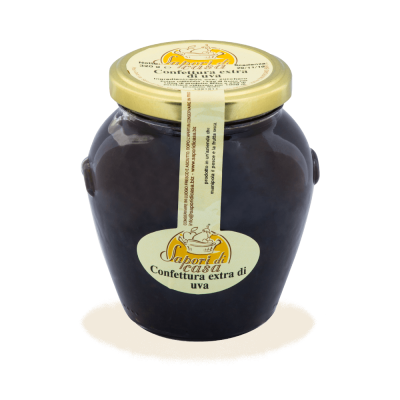 Vaso di Confettura Extra di Uva artigianale pugliese a filiera corta dell'Azienda Agricola Sapori di Casa, selezione Borgo Calvera.