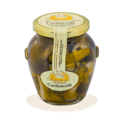 Vaso di Funghi Cardoncelli della Murgia in Olio Extravergine d'Oliva dell'Azienda Agricola Sapori di Casa, selezione Borgo Calvera.