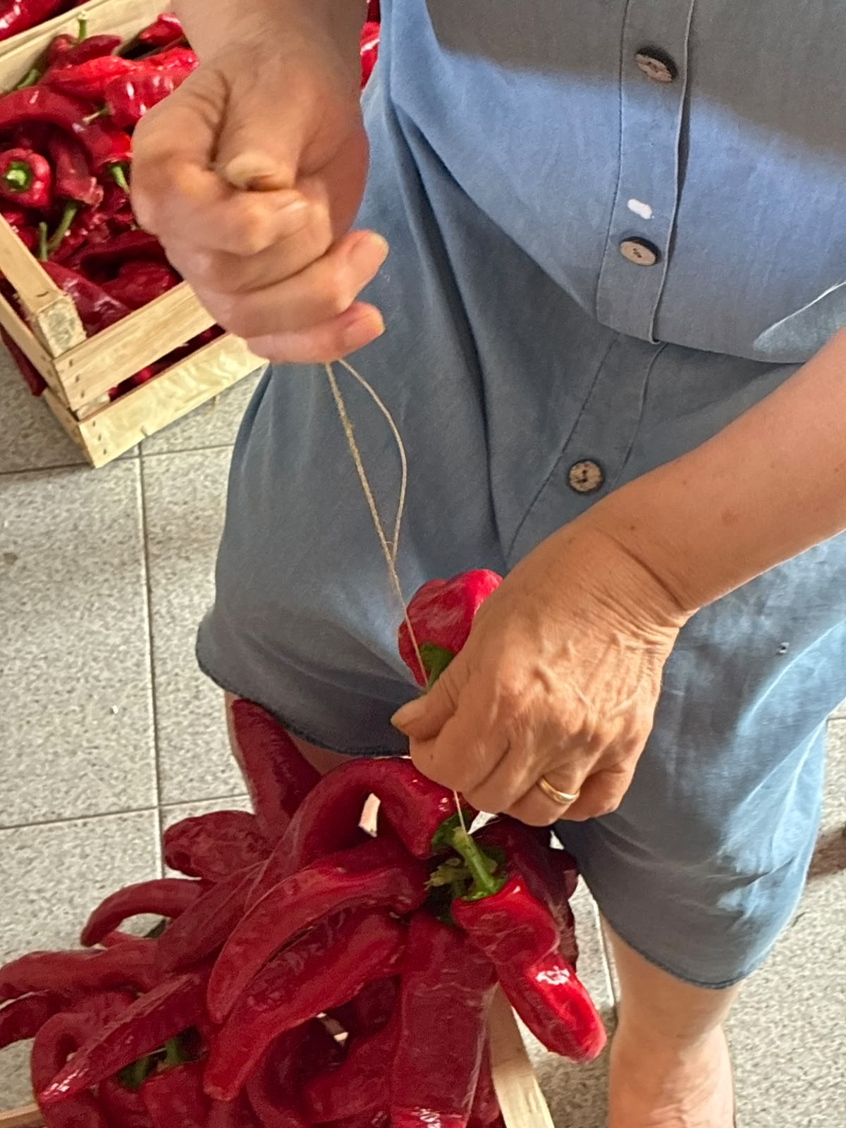 Dettaglio delle mani della nonna che infilano con ago e spago i peperoni di Senise per la dispensa invernale – Borgo Calvera