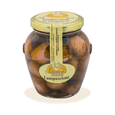 Vaso di Lampascioni selvatici pugliesi sott'olio in Olio Extravergine d'Oliva dell'Azienda Agricola Sapori di Casa, selezione Borgo Calvera.