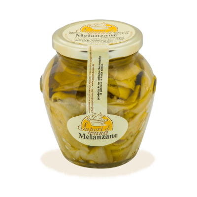 Vaso di Melanzane a fette sott'olio in Olio Extravergine d'Oliva dell'Azienda Agricola Sapori di Casa in Puglia, selezione Borgo Calvera.