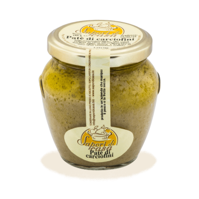 Vaso di Paté di Carciofi artigianale in Olio EVO dell'Azienda Agricola Sapori di Casa in Puglia, selezione Borgo Calvera.
