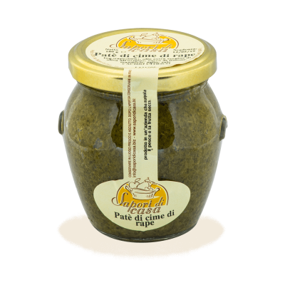 Vaso di Paté di Cime di Rapa artigianale con mandorle dell'Azienda Agricola Sapori di Casa in Puglia, selezione Borgo Calvera.