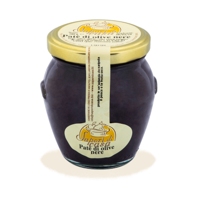 Vaso di Paté di Olive Nere Leccina artigianale in Olio EVO dell'Azienda Agricola Sapori di Casa in Puglia, selezione Borgo Calvera.