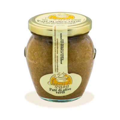Vaso di Paté di Olive Verdi Termite di Bitetto artigianale dell'Azienda Agricola Sapori di Casa in Puglia, selezione Borgo Calvera.