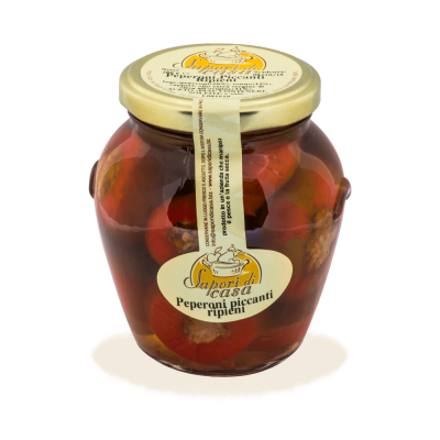 Vaso di Peperoni rossi e gialli ripieni di tonno e capperi sott'olio EVO dell'Azienda Agricola Sapori di Casa in Puglia, selezione Borgo Calvera.