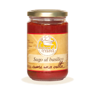 Vaso di Sugo al Basilico fresco con pomodori pugliesi e Olio EVO dell'Azienda Agricola Sapori di Casa, selezione Borgo Calvera.