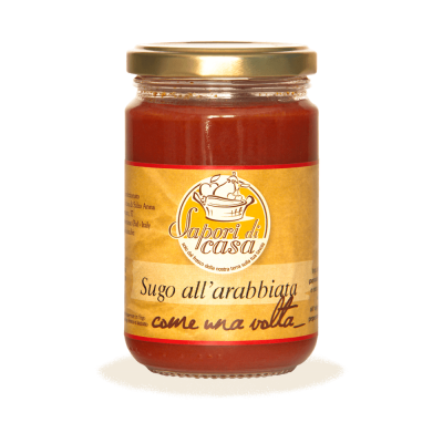 Vaso di Sugo all'Arrabbiata piccante con pomodori pugliesi e Olio EVO dell'Azienda Agricola Sapori di Casa, selezione Borgo Calvera.