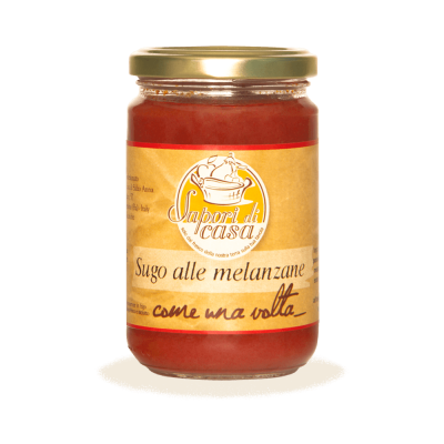 Vaso di Sugo alla Melanzana pronto con pomodoro pugliese e Olio EVO dell'Azienda Agricola Sapori di Casa, selezione Borgo Calvera.