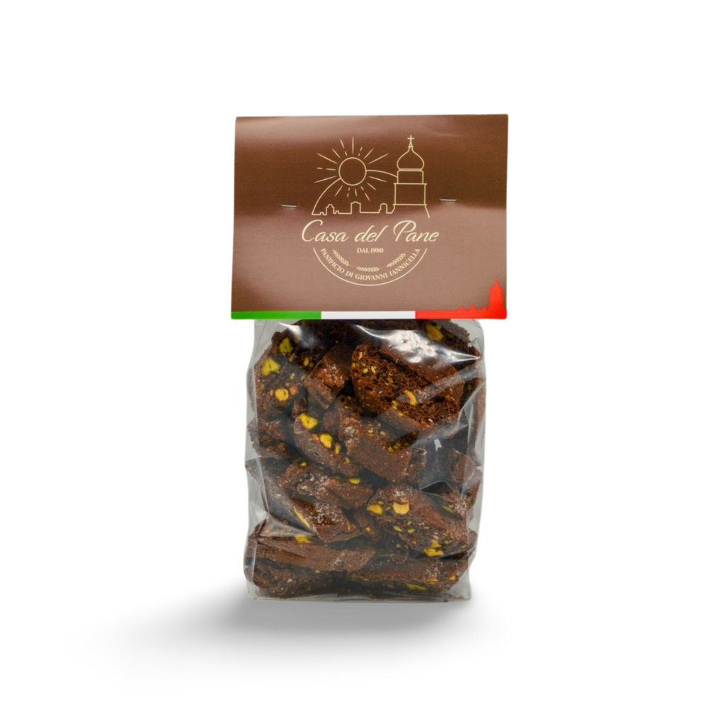 Confezione di cantucci artigianali con Pistacchio di Stigliano e cioccolato, esclusiva della Casa del Pane – Borgo Calvera