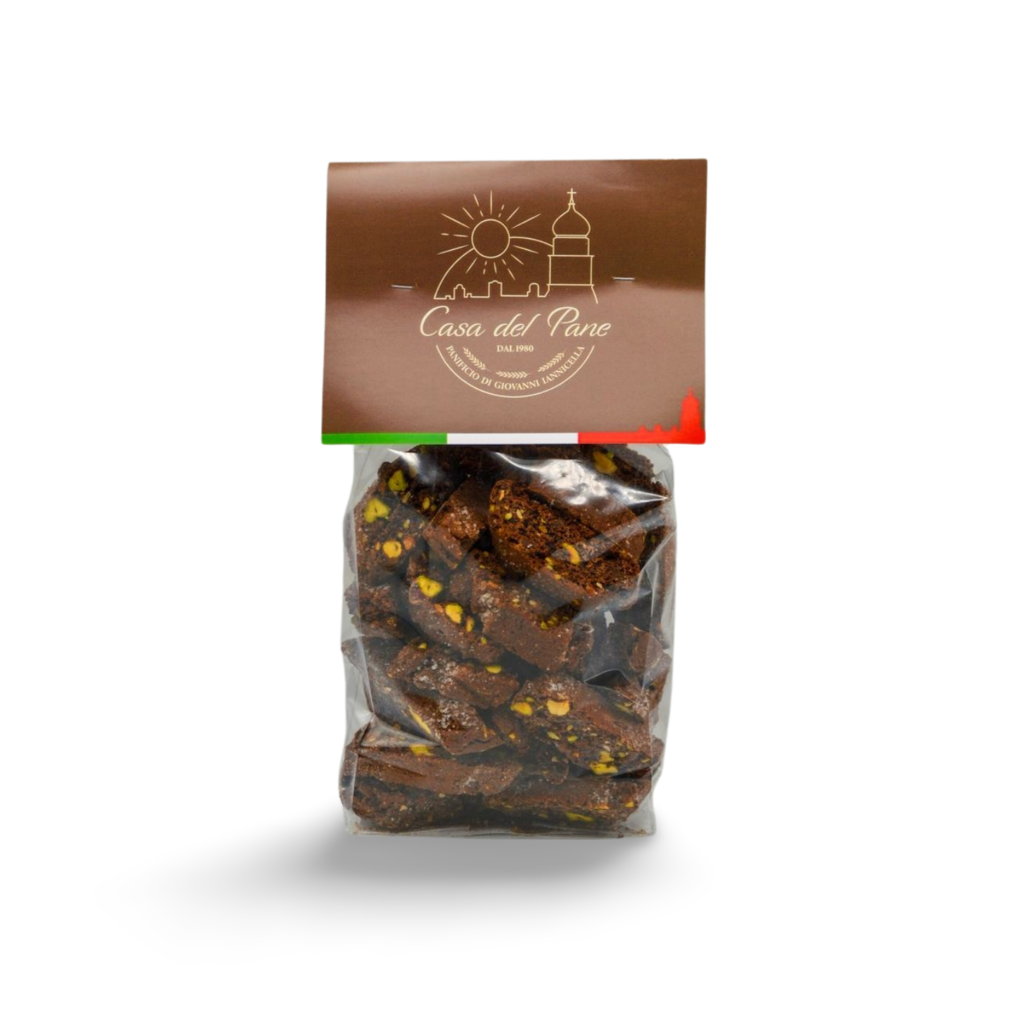 Confezione di cantucci artigianali con Pistacchio di Stigliano e cioccolato, esclusiva della Casa del Pane – Borgo Calvera