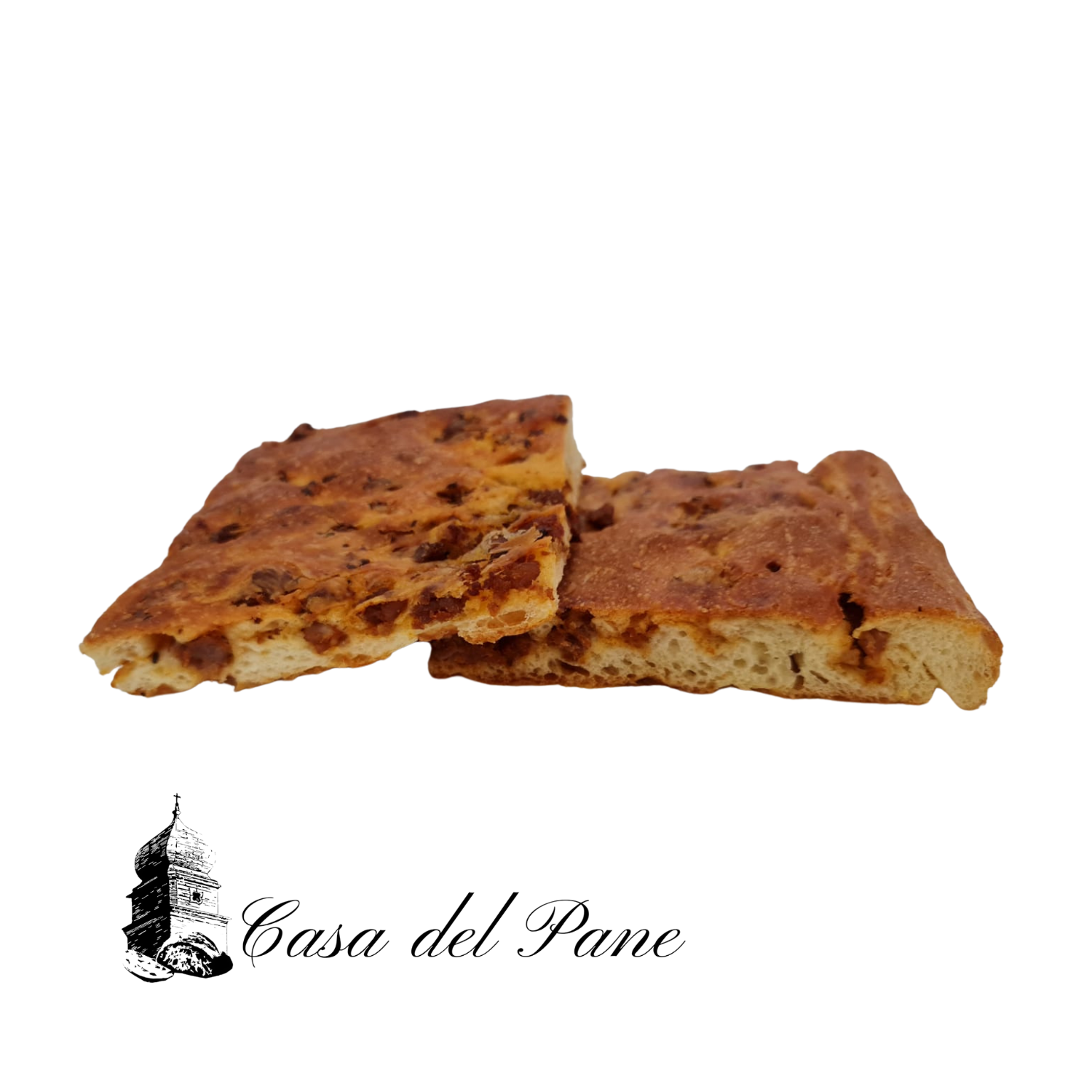 Dettaglio ravvicinato della salsiccia fresca sbriciolata con Peperoncino di Senise IGP sulla superficie della focaccia di semola di Stigliano – Borgo Calvera