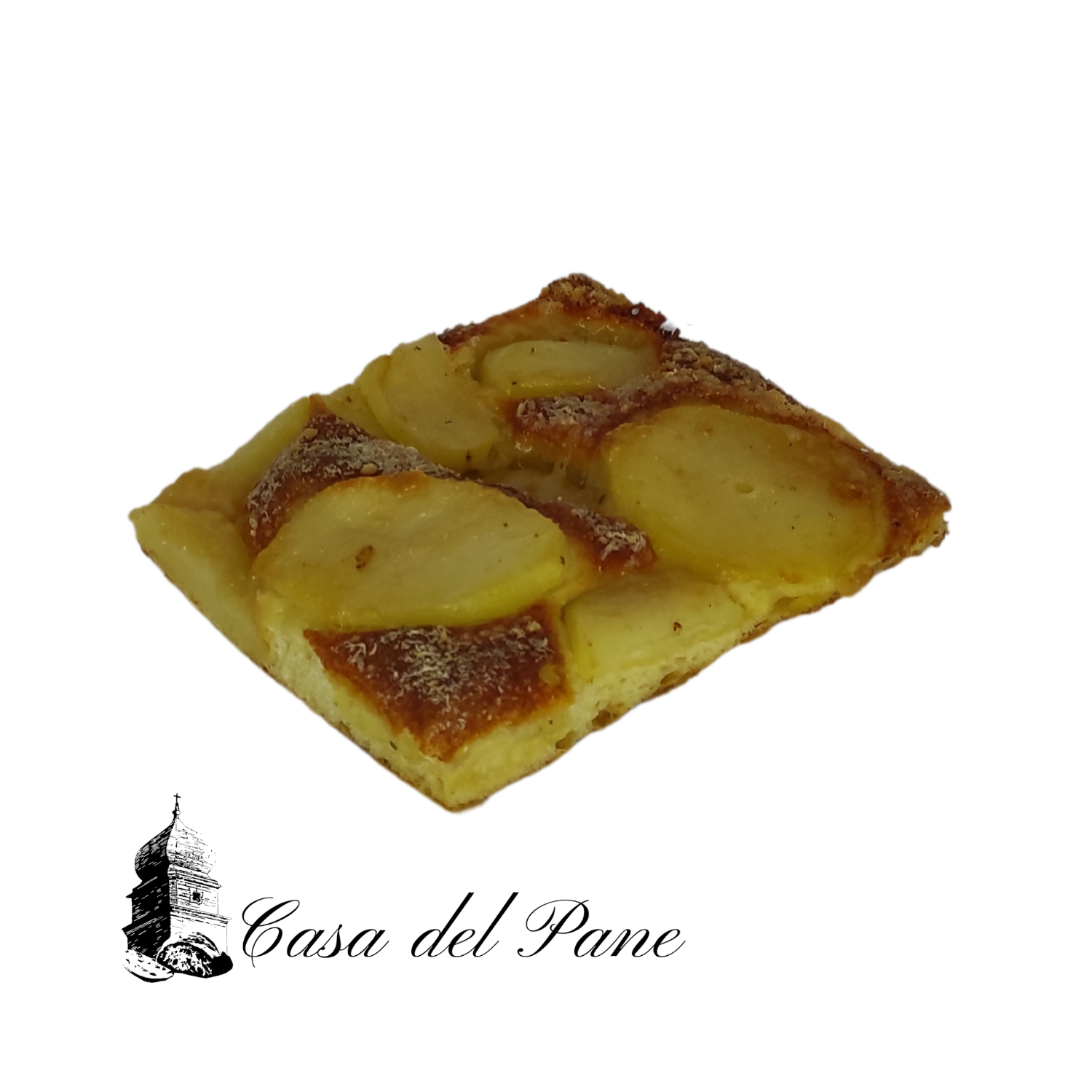 Dettaglio delle patate a fette spesse dorate e croccanti sulla superficie della focaccia di Stigliano – Borgo Calvera