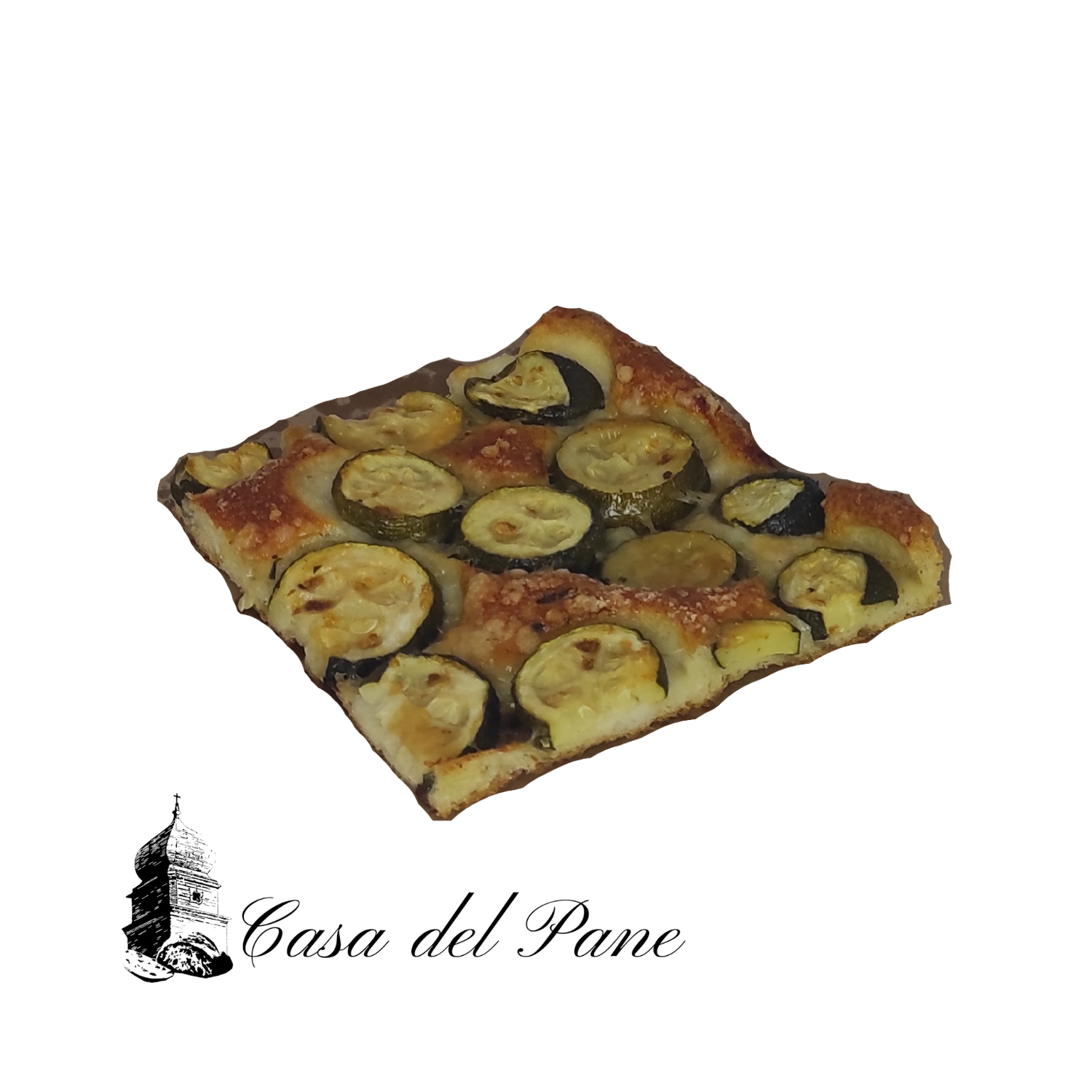 Dettaglio delle zucchine a rondelle cotte al forno sulla superficie della focaccia di semola di Stigliano – Borgo Calvera