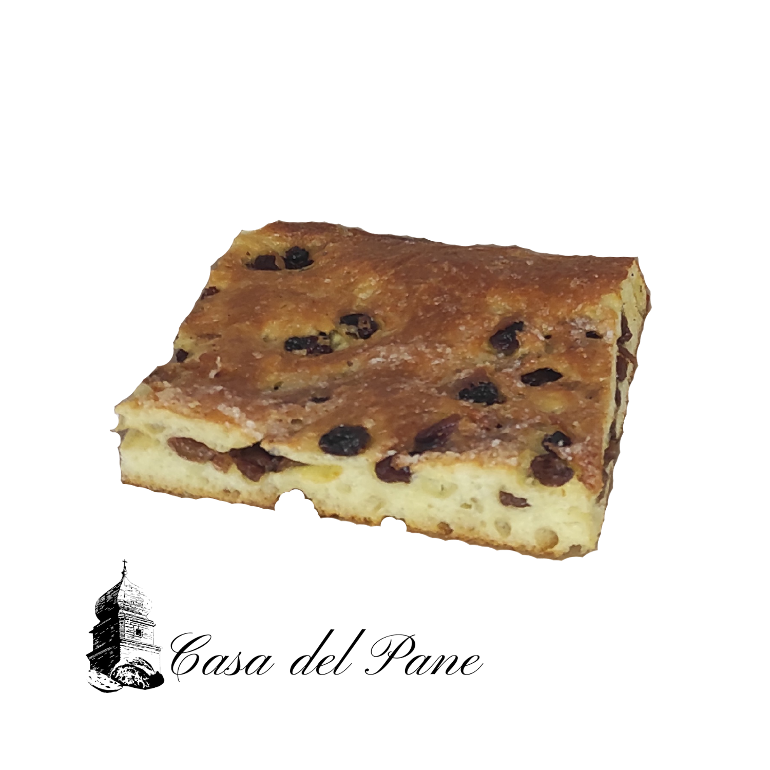 Trancio di focaccia dolce artigianale con uvetta e zucchero in superficie della Casa del Pane – Borgo Calvera