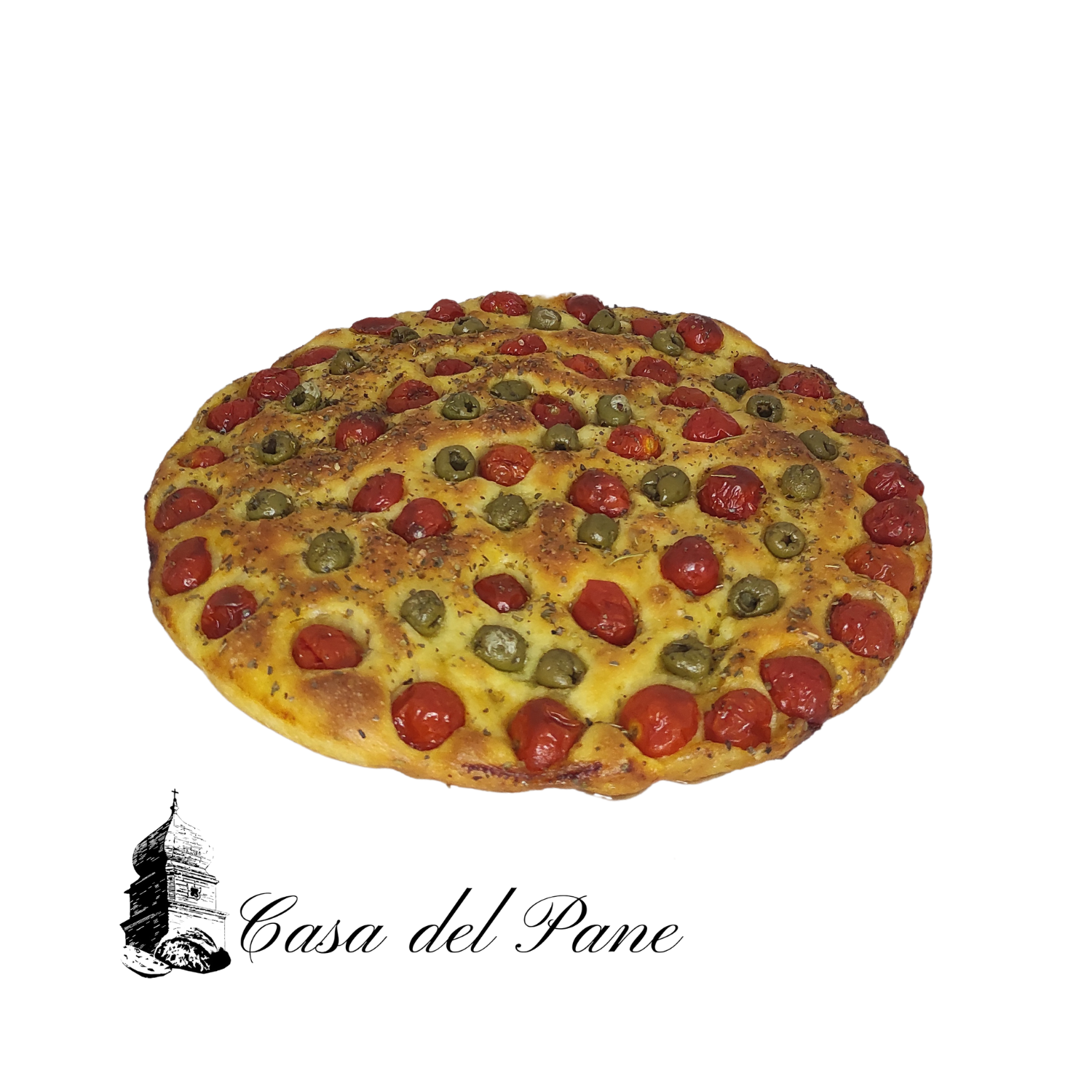 Focaccia intera artigianale rotonda con pomodorini, olive verdi e origano della Casa del Pane – Borgo Calvera