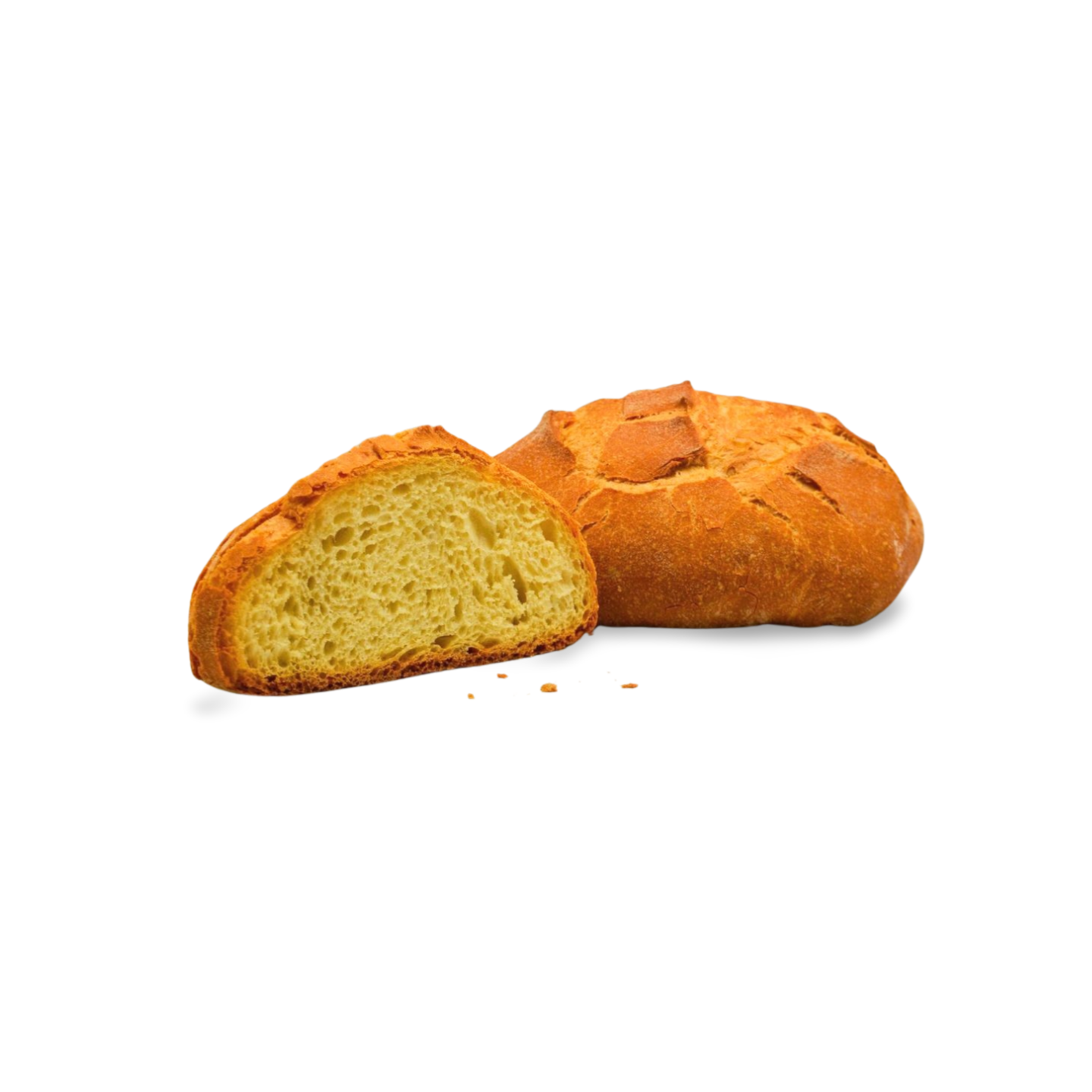 Dettaglio della mollica giallo paglierino e della crosta croccante del pane di Stigliano aperto a metà della Casa del Pane – Borgo Calvera