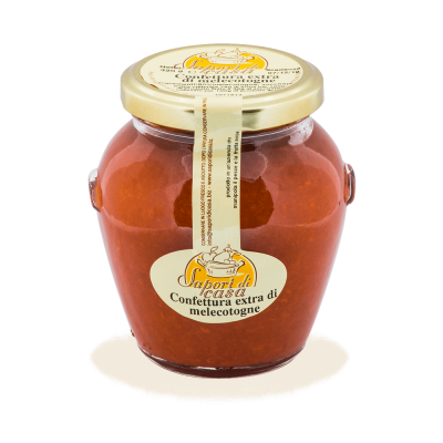 Vaso di Confettura Extra di Mele Cotogne artigianale pugliese a filiera corta dell'Azienda Agricola Sapori di Casa, selezione Borgo Calvera.