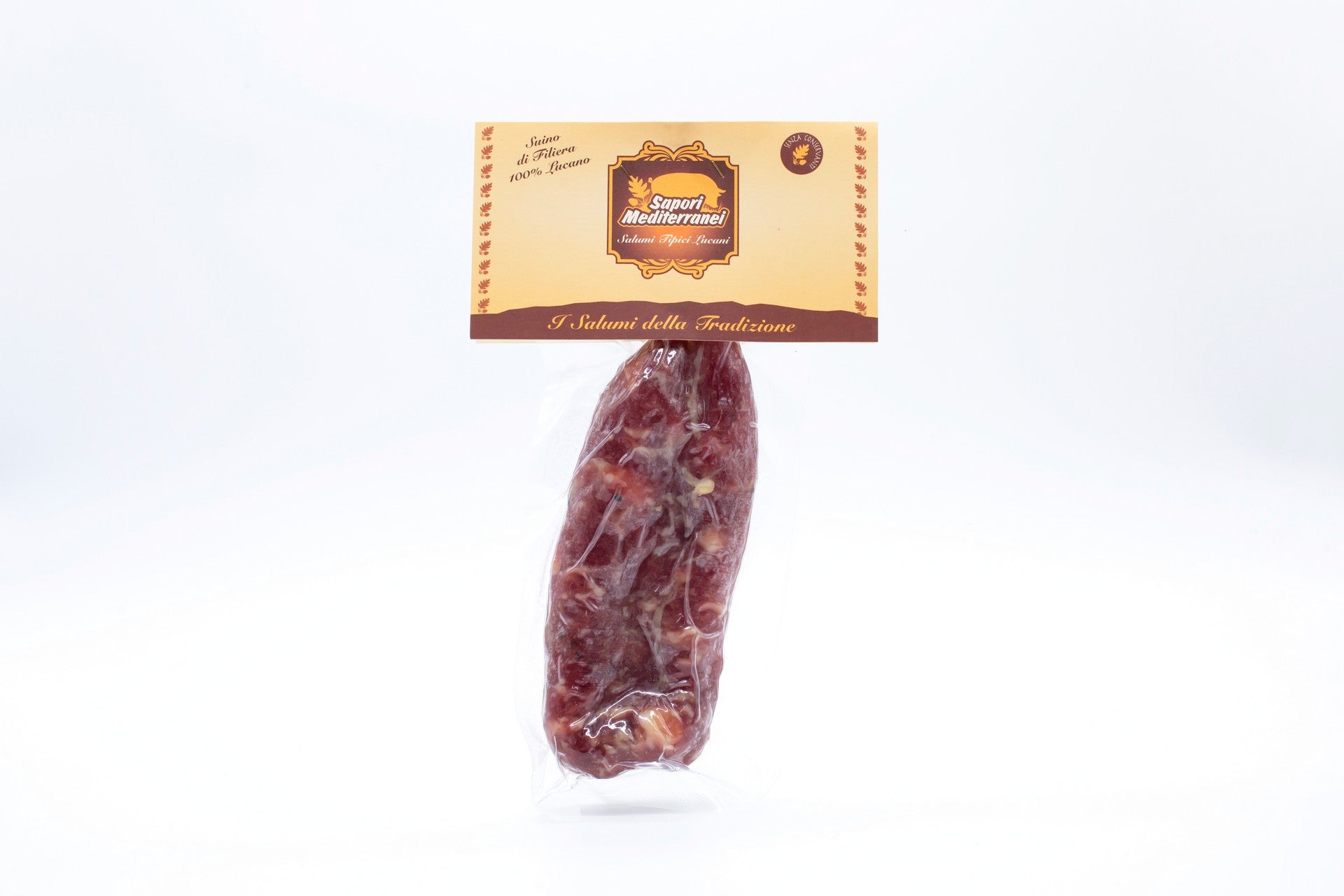 Soppressata lucana artigianale di Cirigliano da 250g prodotta da Sapori Mediterranei, con fette rosa brillante e lardelli bianchi a grana grossa, selezionata da Borgo Calvera.
